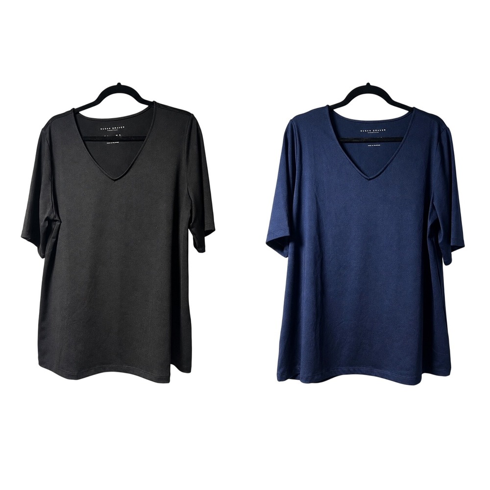2 Susan Graver V-Neck Tops Women Large Black Navy Liquid Knit Bundle Comfortable